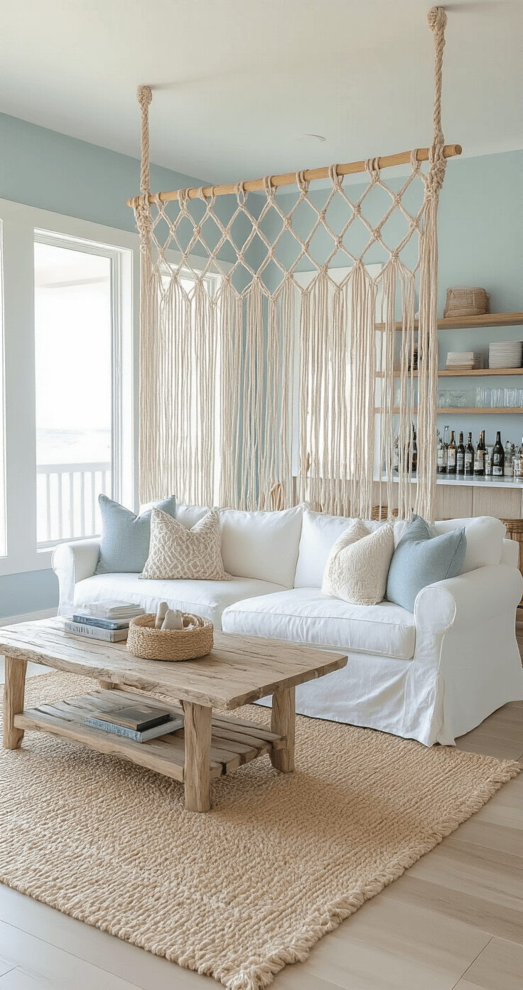 A contemporary coastal living space featuring a macramé hanging divider and a 9ft tall natural fiber installation with a geometric pattern. The beachy area includes a slipcovered white sofa, a driftwood coffee table, and a home bar setup, all against pale blue walls and whitewashed oak floors. The image is shot through macramé elements, highlighting natural light and creating a casual yet sophisticated mood.
