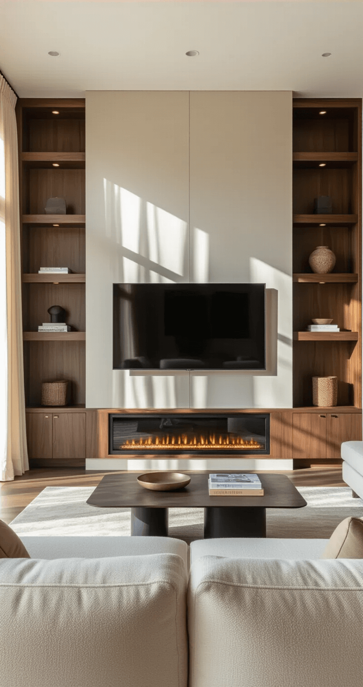 A sophisticated living room featuring a recessed media wall with walnut shelving, a centered 65-inch TV, brass-accented lighting, and an electric fireplace, with sunlight filtering through sheer curtains, a cream bouclé sofa, and a geometric coffee table, all captured in soft, diffused lighting.