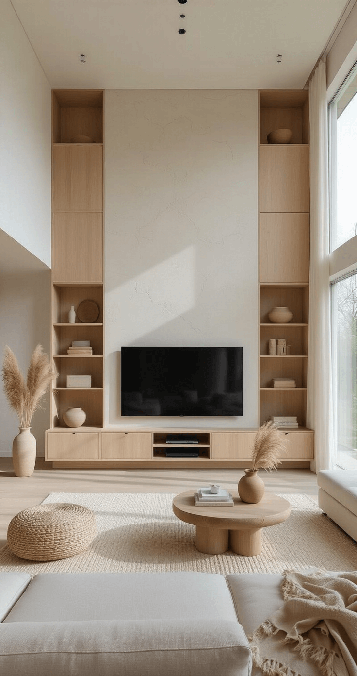 Modern Scandinavian living space with 10ft ceilings and floor-to-ceiling windows, featuring a minimalist TV wall with pale oak floating cabinets, a textured white backdrop, and a 55-inch TV. The room is illuminated by morning light, showcasing natural materials like linen, wood, and ceramic in a winter white, sand, and pale gray color palette. Decor includes dried pampas grass, handmade pottery, and abstract art pieces.