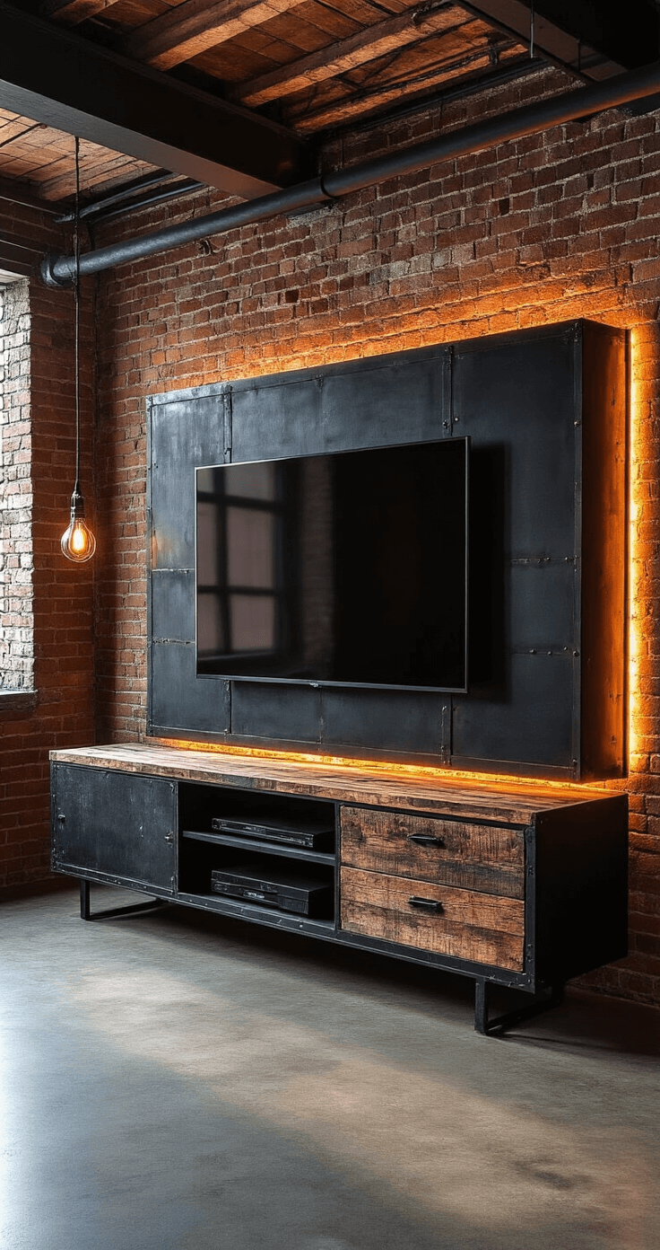 Industrial chic media wall in a loft with exposed brick and tall ceilings, featuring a TV mounted on a custom steel and reclaimed wood unit, highlighted by LED lighting, with vintage cinema lights and a moody atmosphere accentuated by dramatic shadows and backlighting.