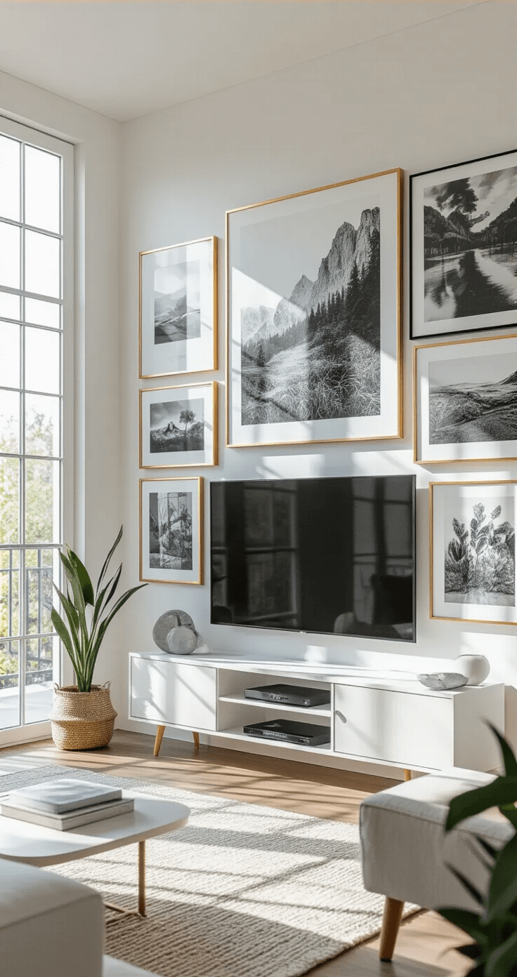 A bright, airy living room featuring a contemporary gallery wall around a Frame TV, showcasing a curated collection of black and white photographs, abstract prints, and mixed media artwork in gold frames, illuminated by professional gallery lighting and natural light from floor-to-ceiling windows.