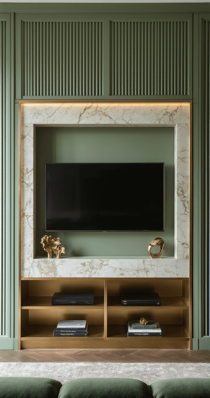 Luxurious media wall with sage green fluted panels, ambient LED lighting, marble-framed TV alcove, brass shelving, and rich textures including velvet and polished stone, styled with sculptural objects and preserved botanicals.