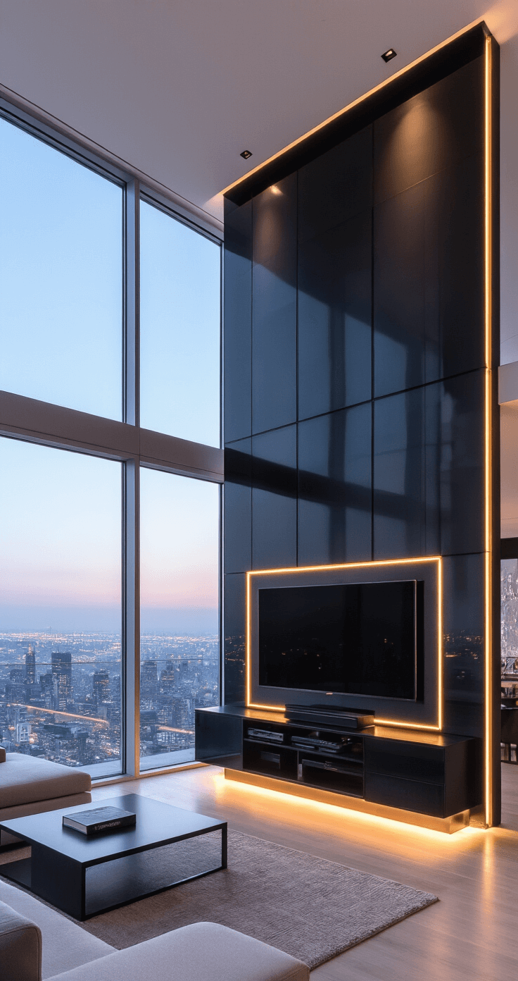Ultra-modern penthouse living room featuring double-height windows with city views at dusk, sleek black media wall with a floating TV, integrated sound system, and hidden storage. The space is filled with smoked glass, matte black metal, and high-gloss surfaces, showcasing minimal styling and clean lines, all under a mix of artificial lighting that enhances the dramatic atmosphere.