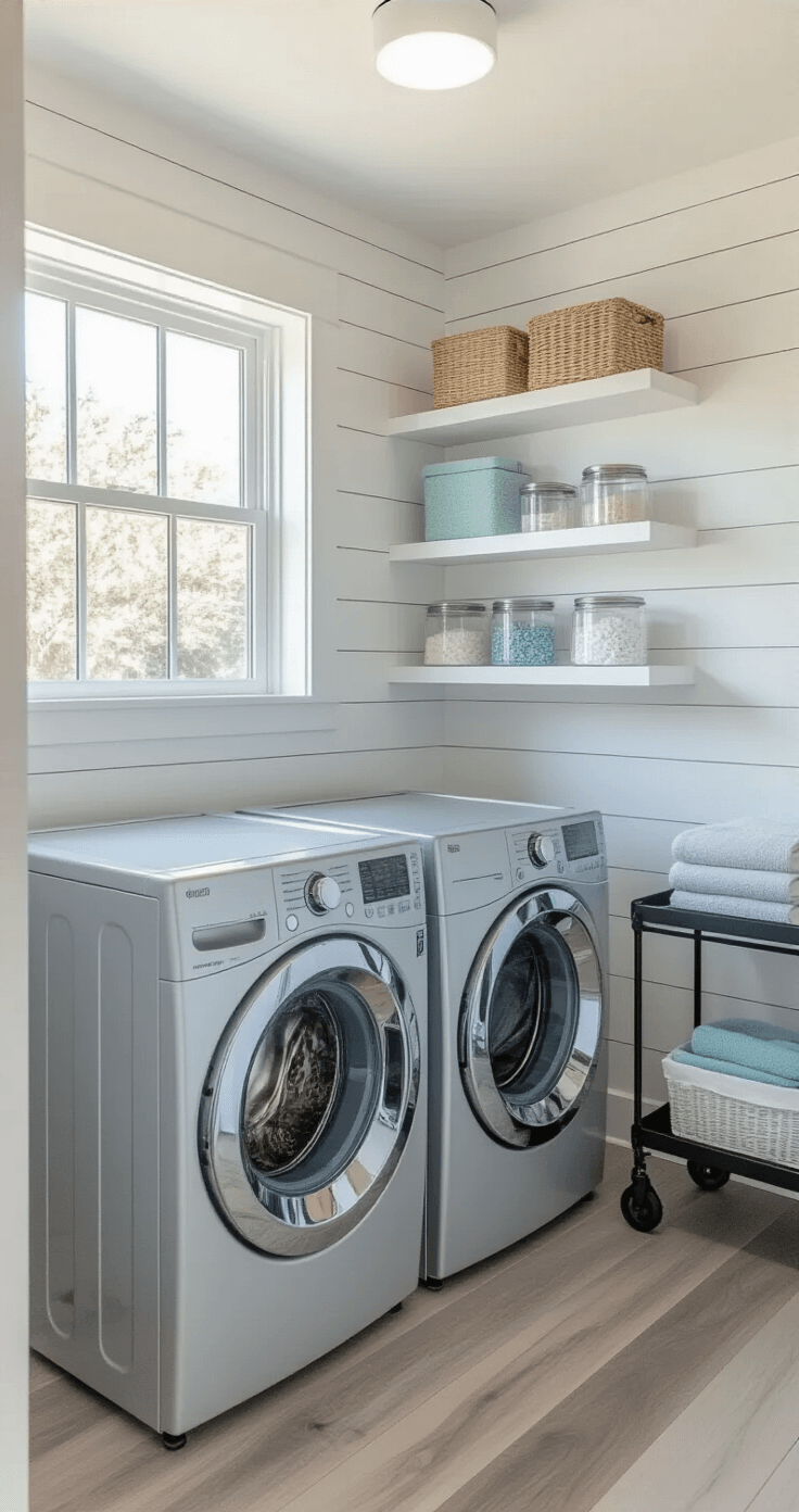 A compact laundry room featuring white shiplap walls, illuminated by bright natural light from a small window. A silver chrome front-loading washer/dryer set is centered below three floating white shelves filled with glass containers of laundry supplies. A slim matte black rolling cart is positioned between the washer and the wall, all accented with a coastal color palette of whites, grays, and sea glass blue.