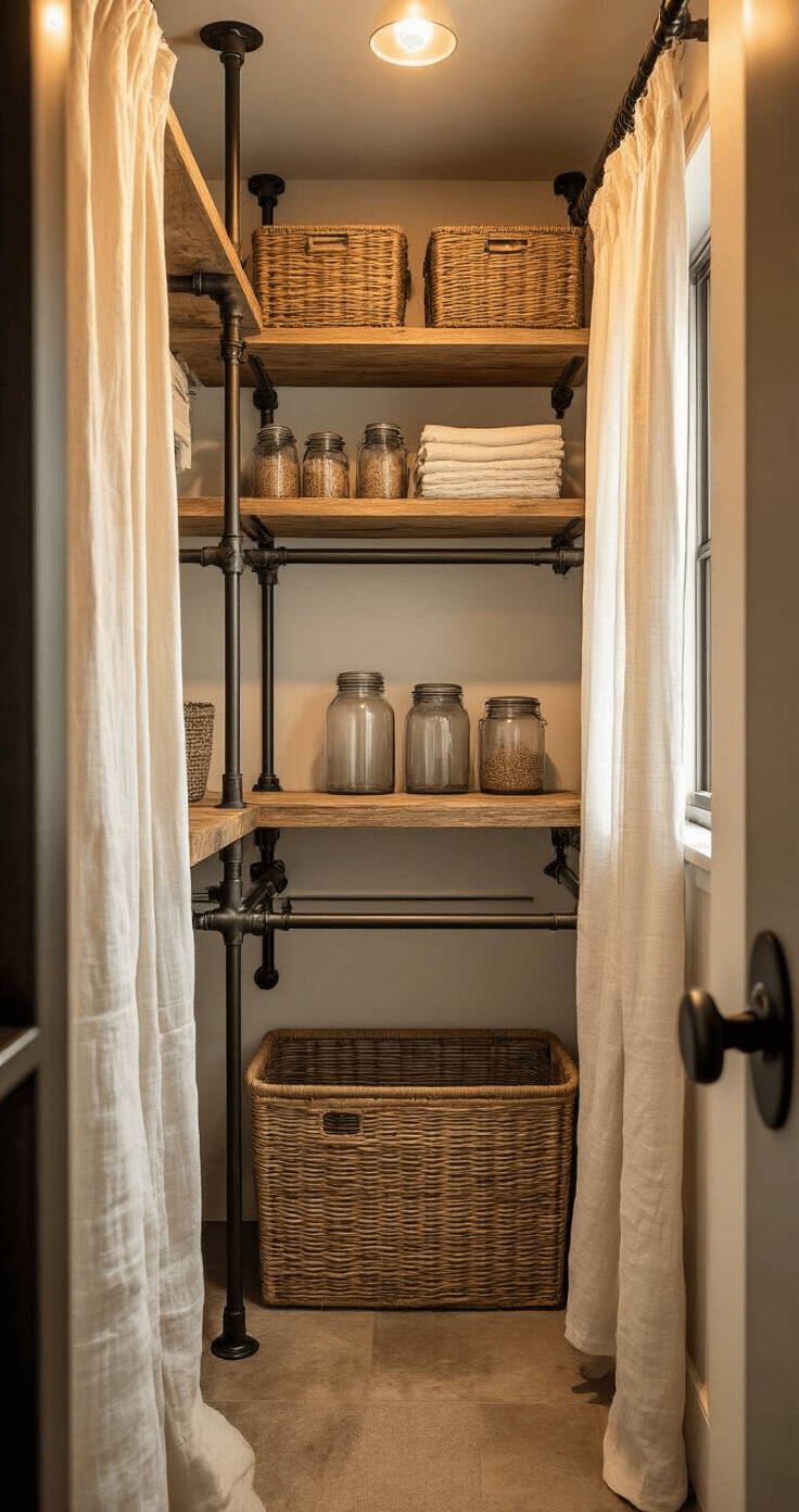 Low-angle view of a narrow laundry space at golden hour, featuring warm light through sheer curtains, industrial pipe shelving with weathered wood, vintage glass jars, woven baskets, and a wall-mounted fold-down drying rack in oil-rubbed bronze, embodying a modern farmhouse aesthetic.