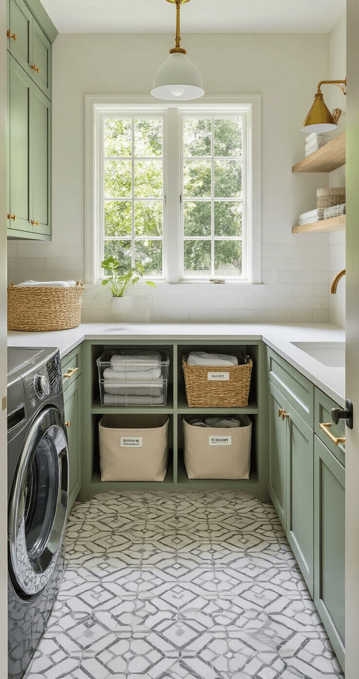 Eye-level view of a laundry nook featuring a hexagonal cement tile floor, a white quartz folding station over a washer/dryer, sage green cabinets, brass hardware, and a modern sputnik sconce, complemented by clear acrylic containers and labeled canvas bins.