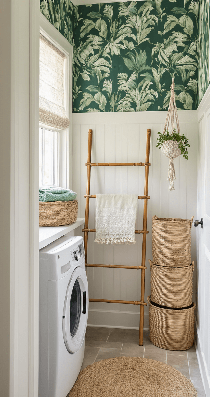 A cozy 5'x7' laundry room in morning light featuring botanical print wallpaper above white beadboard, a bamboo ladder drying rack, rattan baskets, and macramé plant hangers, with a color palette of emerald green, natural woods, and crisp whites.
