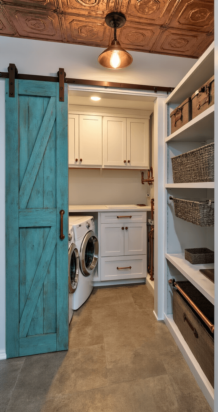 A twilight view of a spacious laundry room featuring distressed turquoise sliding barn doors, built-in organization with pull-out drying racks, and a hidden ironing board, complemented by white cabinetry with copper pipe accents and leather pulls, and vintage tin ceiling tiles reflecting ambient lighting.