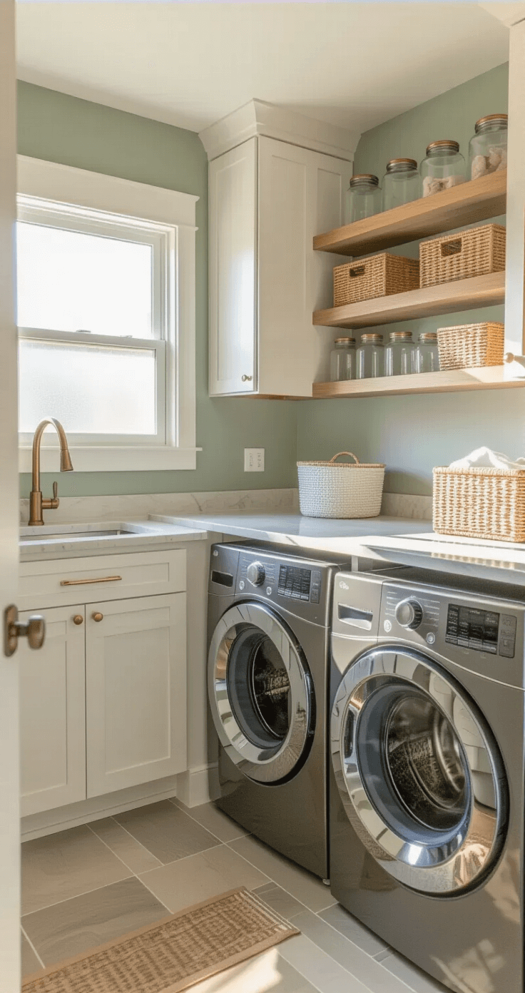 Compact laundry room with white shaker cabinets, slate gray washer and dryer beneath a quartz countertop, illuminated by golden hour sunlight through a frosted window, featuring floating wooden shelves with glass dispensers, woven baskets, soft sage green walls, brass hardware, and a retractable clothesline.