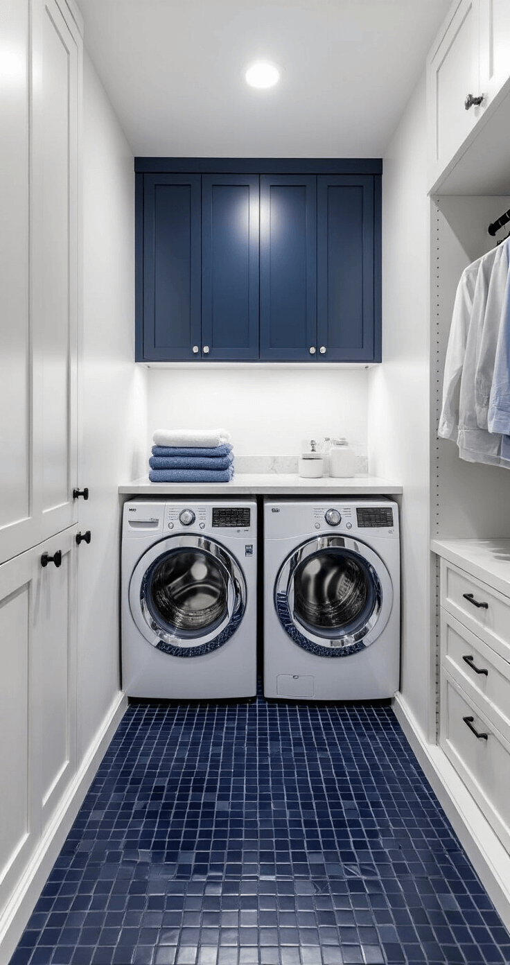 Low-angle shot of a compact laundry nook featuring white walls, navy blue penny tile flooring, a stacked washer-dryer, pull-out organizers, a marble-look countertop, and modern accents, all illuminated by cool morning light from recessed LED fixtures.