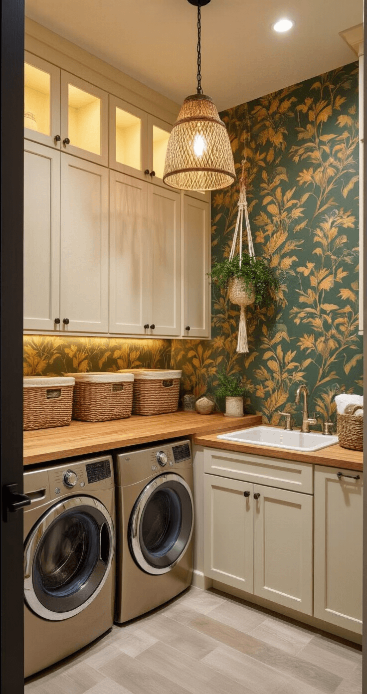 A cozy corner laundry space with cream-colored beadboard cabinets, champagne-finished appliances, and a butcher block countertop, accented by botanical wallpaper in emerald and gold, under warm lighting and a vintage pendant. Rattan baskets and macramé hangers add texture, captured from a diagonal view at dusk.