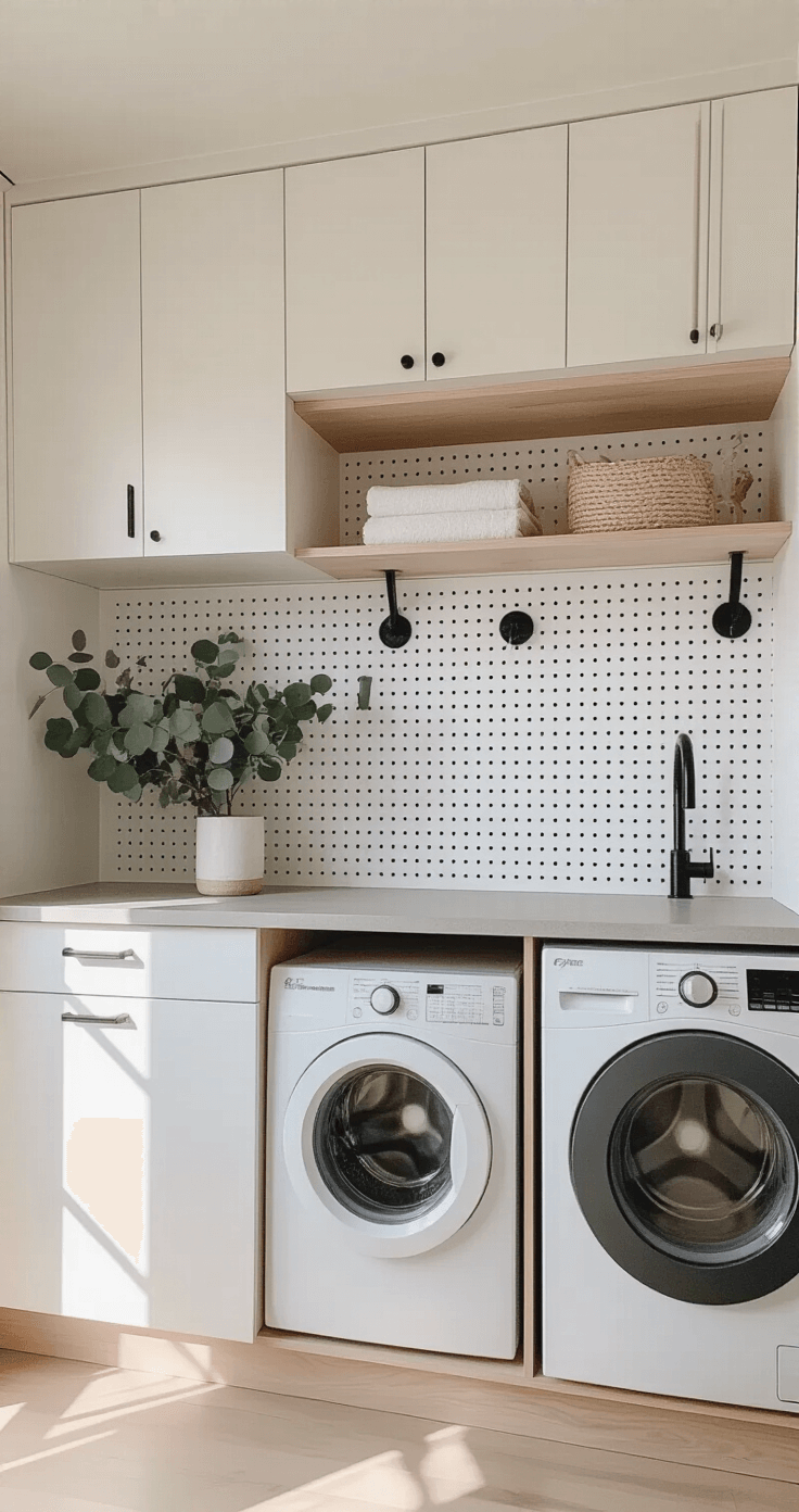 Eye-level view of a 6x6ft laundry alcove featuring Scandinavian minimalist design, with matte white cabinets, pale oak open shelves, and white appliances. A light gray concrete counter complements a custom blush pink pegboard organization wall, adorned with black metal hooks. A potted eucalyptus plant adds a touch of greenery.