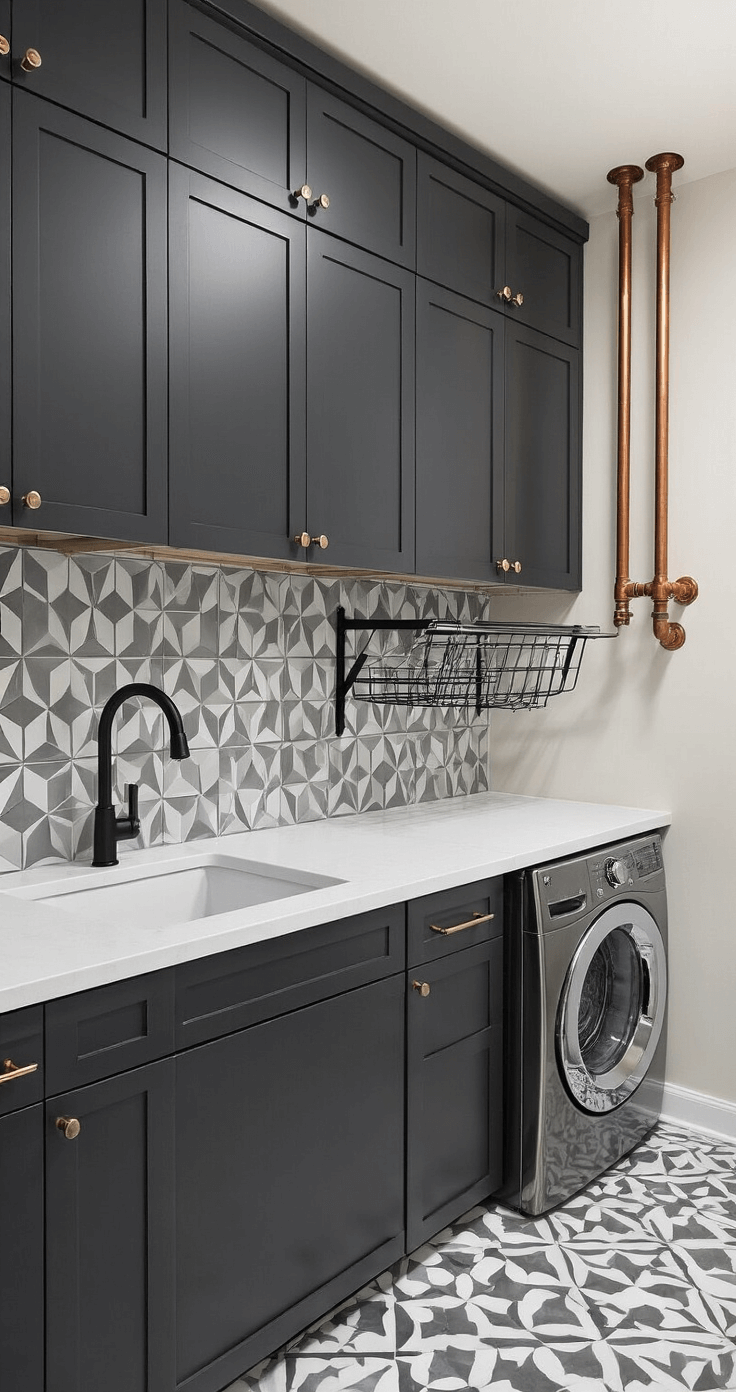 Corner perspective of a multi-functional laundry space showcasing industrial-modern design with charcoal cabinets, brushed steel hardware, stainless appliances, and a white quartz countertop, featuring a geometric gray and white cement tile backsplash, a black metal wall-mounted drying rack, and warm exposed copper pipes.