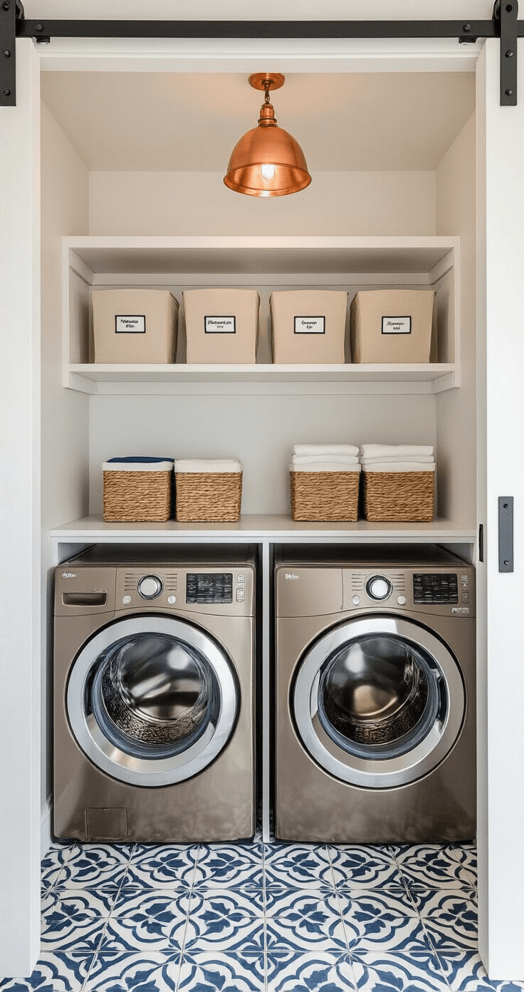 Intimate view of a 4x6ft laundry closet featuring a barn door, morning light illuminating crisp white walls and blue-gray patterned cement tiles. A compact titanium washer-dryer combo is positioned centrally, complemented by built-in greige shelving with labeled canvas bins. A warm copper pendant light hangs above, enhancing the smart space utilization of the closet.