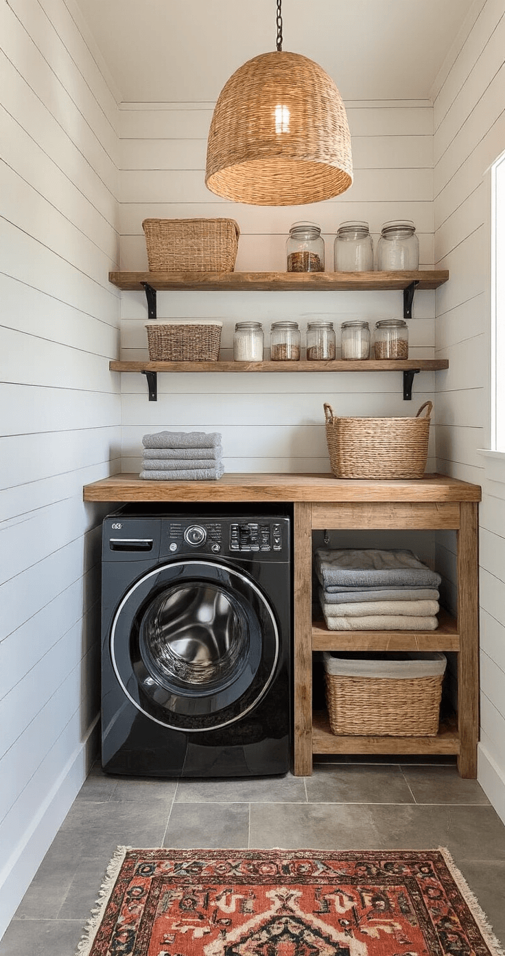 Bird's eye view of a modern farmhouse-style laundry room featuring shiplap walls, front-loading black machines, a reclaimed wood counter, woven pendant light, open shelving with glass jars, enamel containers, and a vintage rug, all illuminated at twilight.