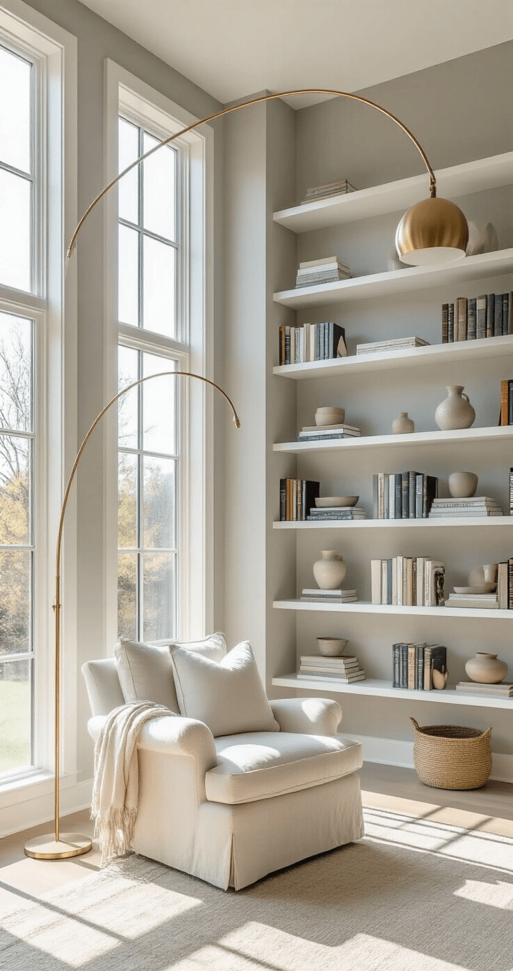 A modern home library with 14-foot walls, floor-to-ceiling minimalist white metal shelves, and large west-facing windows. The space is filled with warm afternoon light, showcasing carefully arranged books in various stacks against a pale gray wall. A plush cream linen armchair sits in the corner, illuminated by a brass floor lamp, with scattered ceramic vessels and small plants for added dimension. The image highlights a sense of depth and airy spaciousness, enhanced by soft overhead LED lighting.