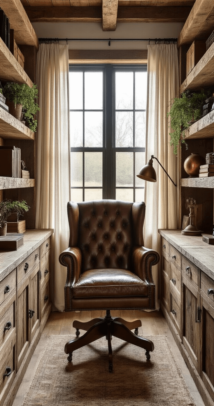 A rustic home office featuring reclaimed barn wood shelves, vintage leather wingback chair, and antique brass desk lamp, bathed in early morning light filtering through sheer curtains, with artfully arranged books and plants.