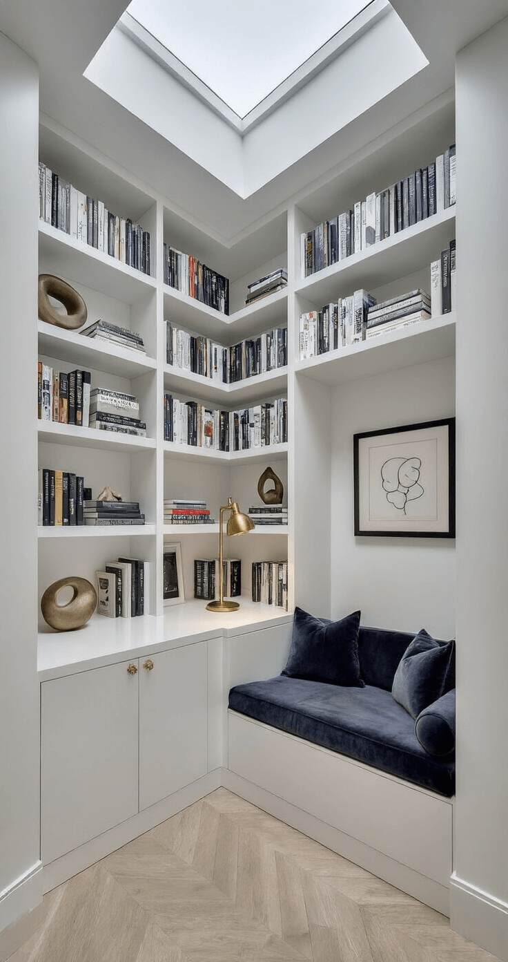 Contemporary corner library with U-shaped white lacquer shelving, 20-foot double-height ceilings, and an architectural skylight, featuring a charcoal velvet reading nook and brass floor lamp, displaying books and art in a cool color palette.