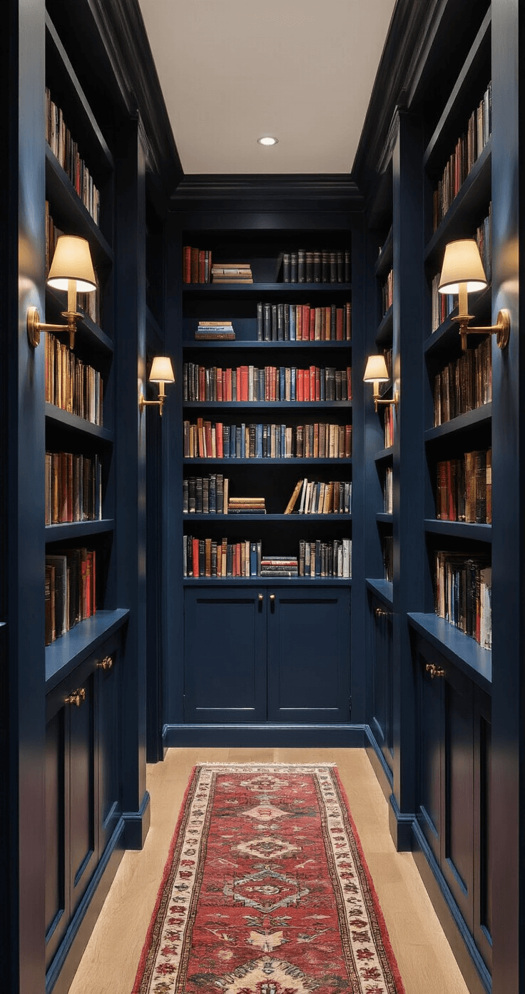 Dramatic hallway library featuring deep navy built-in shelves, illuminated by brass sconces, showcasing a rainbow of books and a vintage runner over white oak floors, captured in a low angle shot.