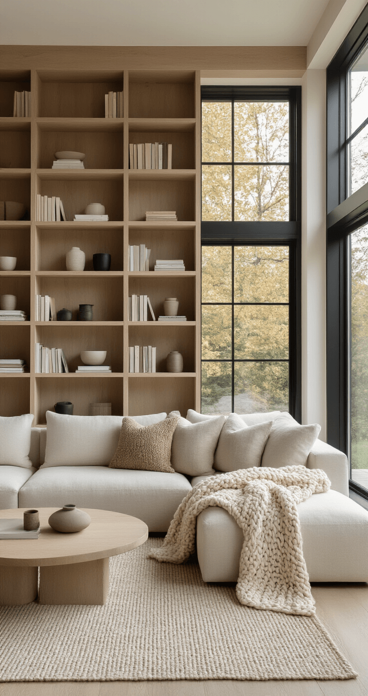 Scandinavian-inspired living room with mixed material shelving in bleached oak and matte black metal, featuring morning light through floor-to-ceiling windows, a modular geometric design on a 16-foot wall, a chunky knit throw on an oatmeal linen sectional, and a balanced arrangement of books and ceramics conveying a bright, airy atmosphere.