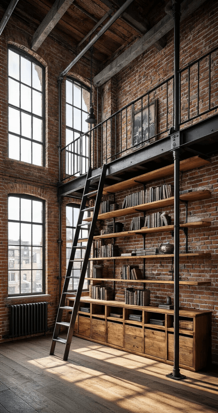 A spacious industrial loft featuring custom pipe and wood shelving, exposed brick walls, and 18-foot ceilings with original steel beams, illuminated by late afternoon sunlight casting long shadows. A rolling black steel library ladder accesses warm walnut shelves filled with vintage books, industrial artifacts, and modern art, all viewed from a mezzanine level.