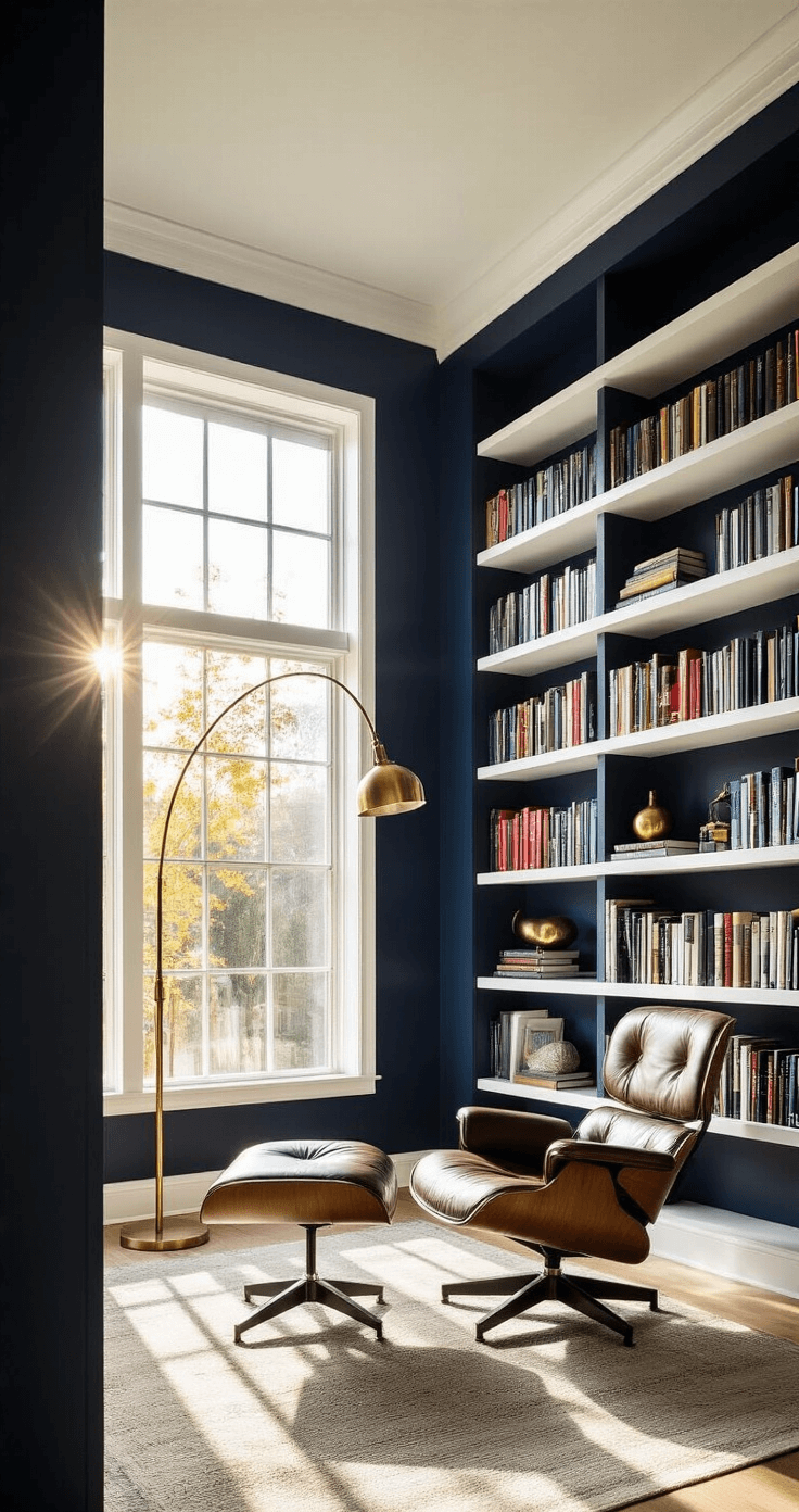 A sunlit home library with white floating shelves on a navy wall, showcasing colorful books and brass decor, featuring a mid-century leather chair and a brass floor lamp, all bathed in warm golden light.