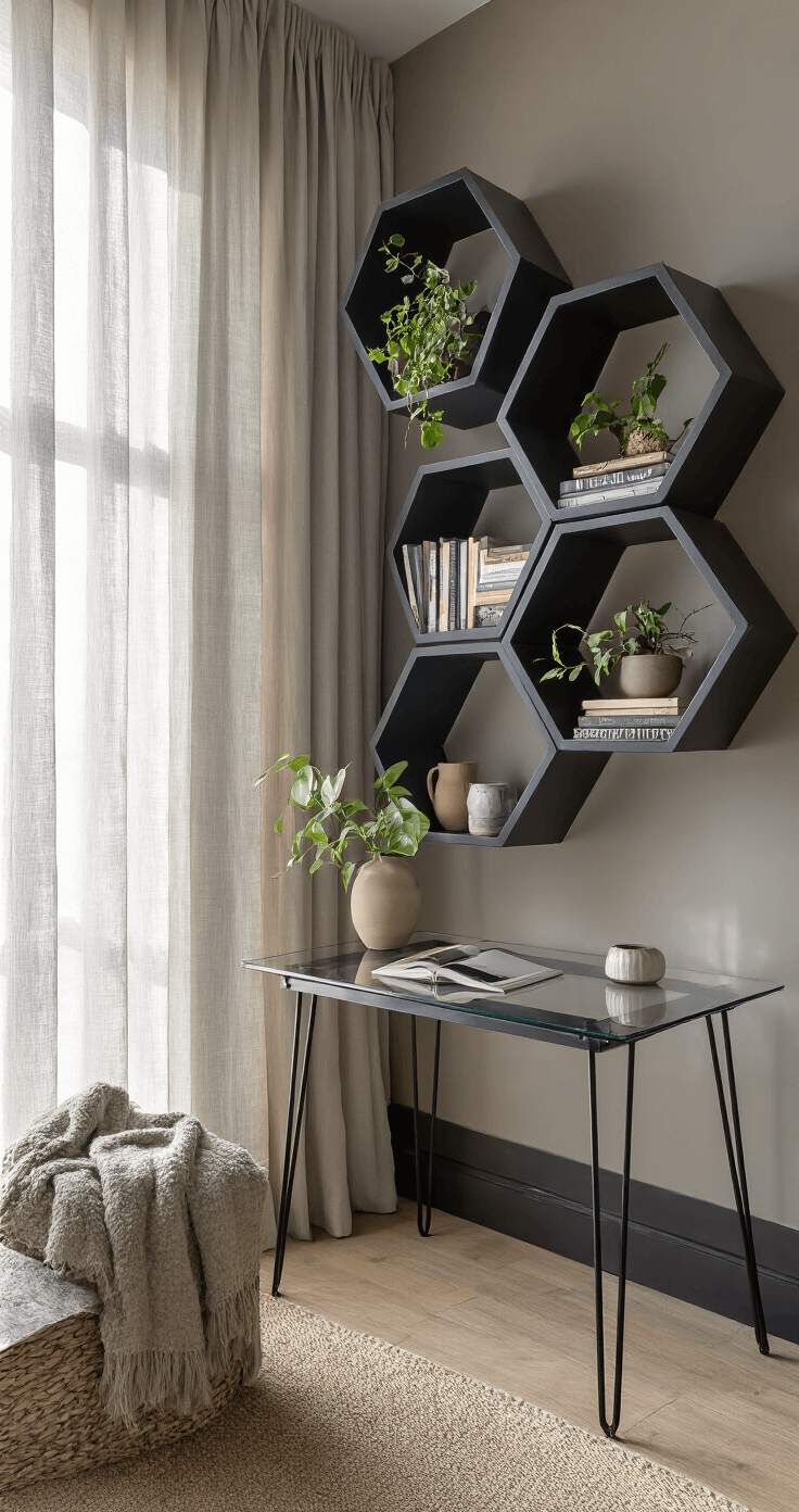 A cozy study featuring a geometric hexagonal shelving system in matte black on warm grey walls, filled with books, plants, and ceramics. Morning light streams through sheer linen curtains, illuminating a glass-top desk with hairpin legs. The scene captures a low-angle view, highlighting the shelving's architectural design in a moody, intellectual atmosphere.