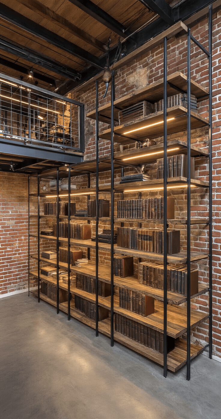 A high-angle view of a modern loft featuring industrial-style modular shelving made of brushed steel and reclaimed wood, against exposed brick walls and concrete floors, illuminated by warm LED lighting, showcasing leather-bound books and vintage collectibles.