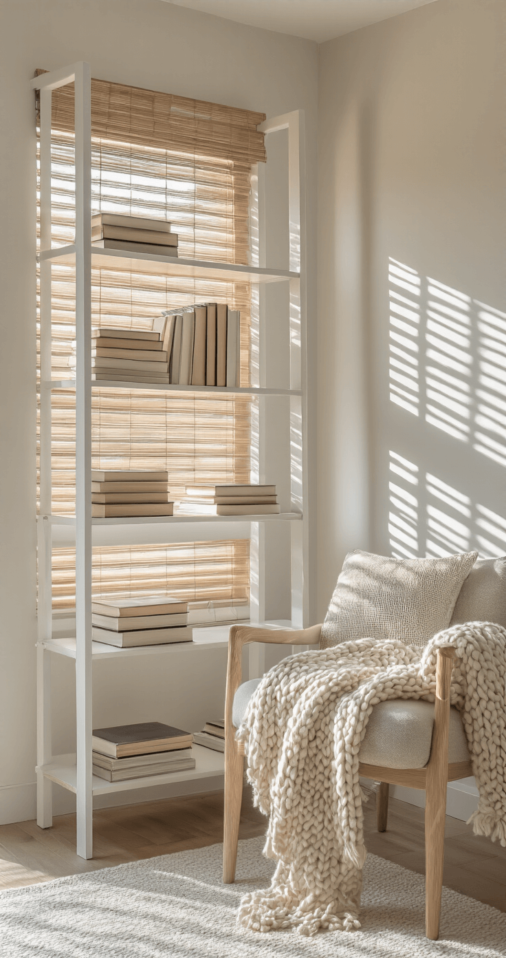 A minimalist reading nook featuring a white oak ladder shelf system with styled books and negative space, a contemporary reading chair draped with a chunky knit throw, and soft afternoon light casting linear shadows through bamboo blinds.