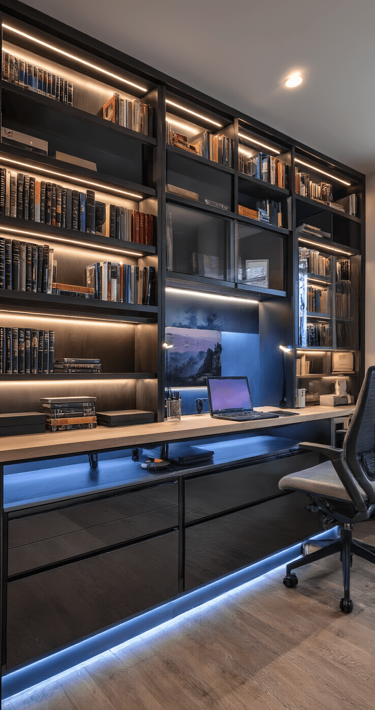 Contemporary home office with built-in smart shelving system, glowing shelves in programmable colors, glass-fronted cabinets displaying rare books, hidden charging stations, and an ergonomic workspace, all highlighted by mixed cool and warm lighting for a modern tech-forward vibe.