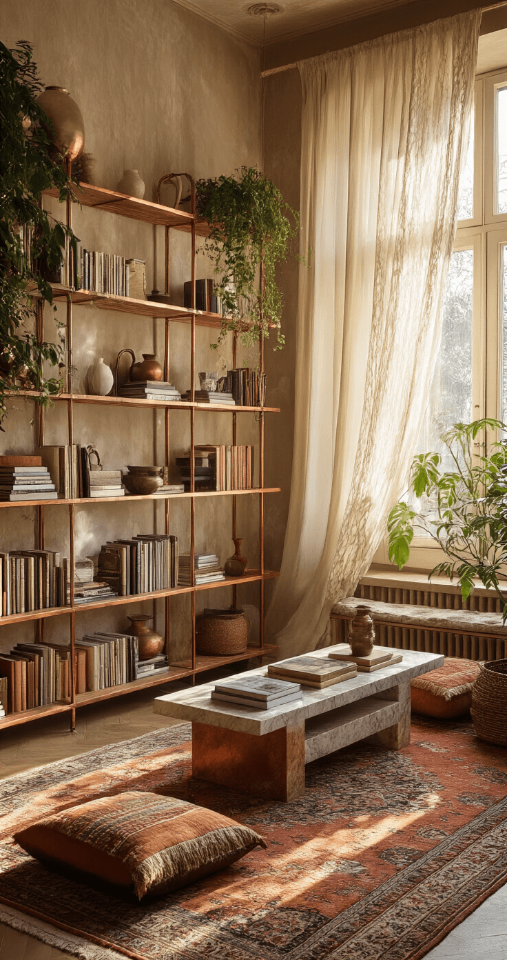 A cozy Bohemian reading room featuring mixed-material modular shelving of copper, wood, and marble, illuminated by golden hour light filtering through macramé curtains, casting organic shadows. The space is adorned with layered Persian rugs, floor cushions, and trailing plants, showcasing shelves filled with global artifacts and coffee table books, captured at a slight dutch angle to convey eclectic energy and warmth.