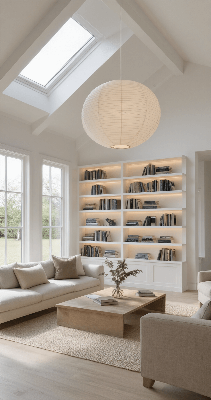 Large Scandinavian-inspired great room with floor-to-ceiling white floating shelves and hidden lighting, illuminated by bright morning light from skylights. Books are arranged spine-in for a textural effect, while an oversized paper pendant lamp casts soft shadows in the clean, airy space. High-key lighting creates a peaceful atmosphere.