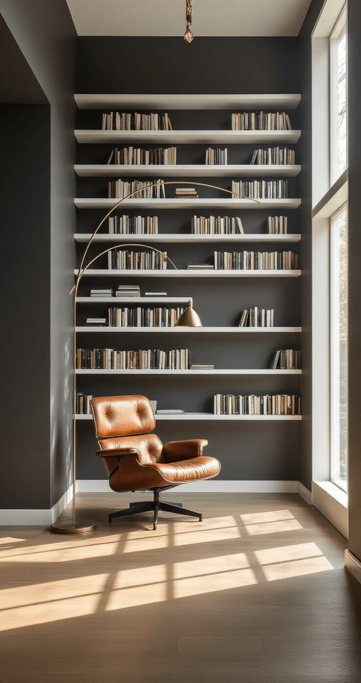 A minimalist library wall with 15-foot-high white floating shelves against charcoal walls, illuminated by golden hour light. Natural light through floor-length windows creates long shadows. A cognac brown leather reading chair is positioned at 45 degrees in the foreground, complemented by an arching brass floor lamp. The shot, taken from a low angle, emphasizes the vertical height and peaceful, scholarly atmosphere.