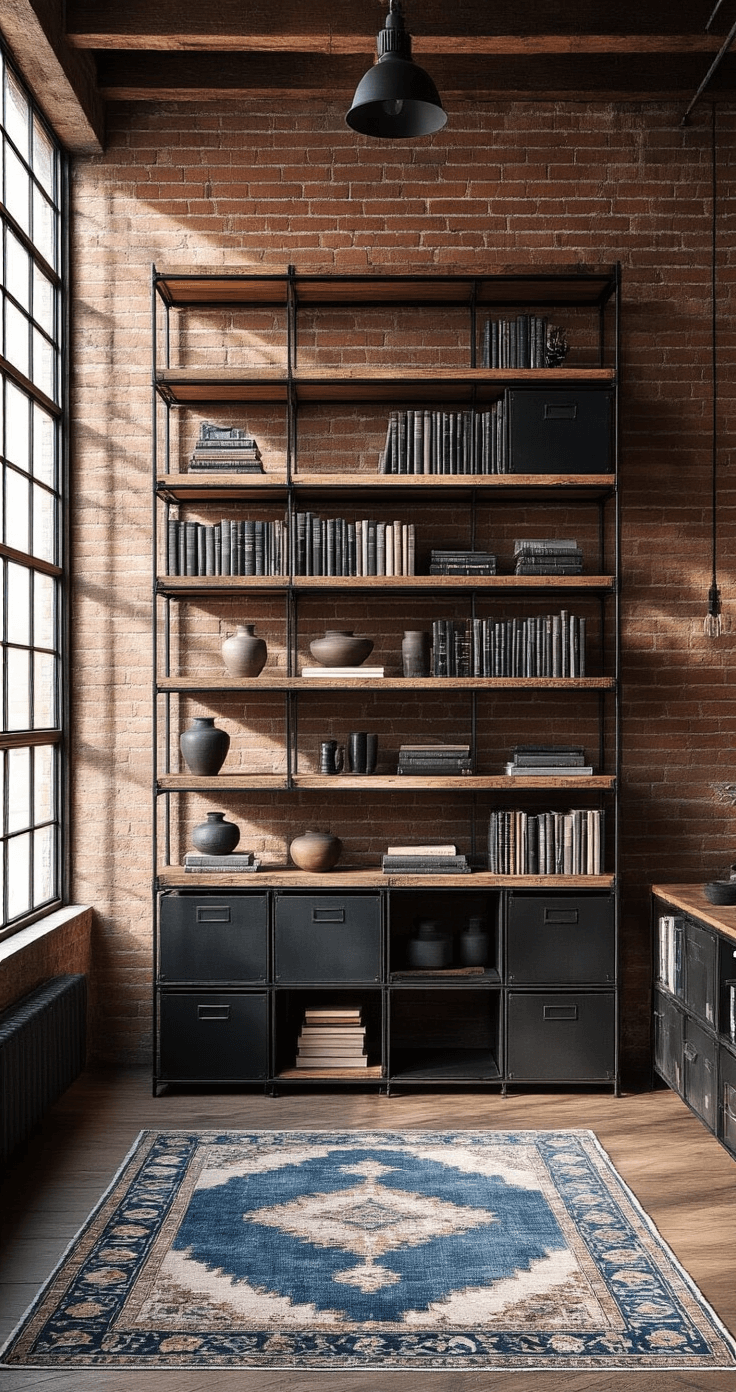 Industrial-modern shelving unit in a loft with exposed brick walls, featuring steel frames and reclaimed wood, illuminated by late afternoon light, showcasing art books and ceramics in modular black metal cubes, with a vintage Kerman rug in the foreground, captured with shallow depth of field for texture contrast.