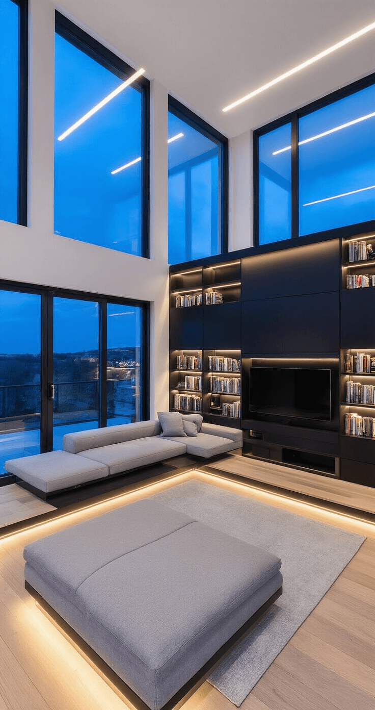 A sleek smart shelving system in a modern great room, illuminated by integrated LED strips, showcases matte black built-ins with hidden charging stations. Below, a pearl grey sectional sits elegantly beneath double-height windows, while a curated book collection adds a touch of warmth. The mezzanine-level perspective captures the clean, futuristic aesthetic with multiple light temperatures enhancing the depth.