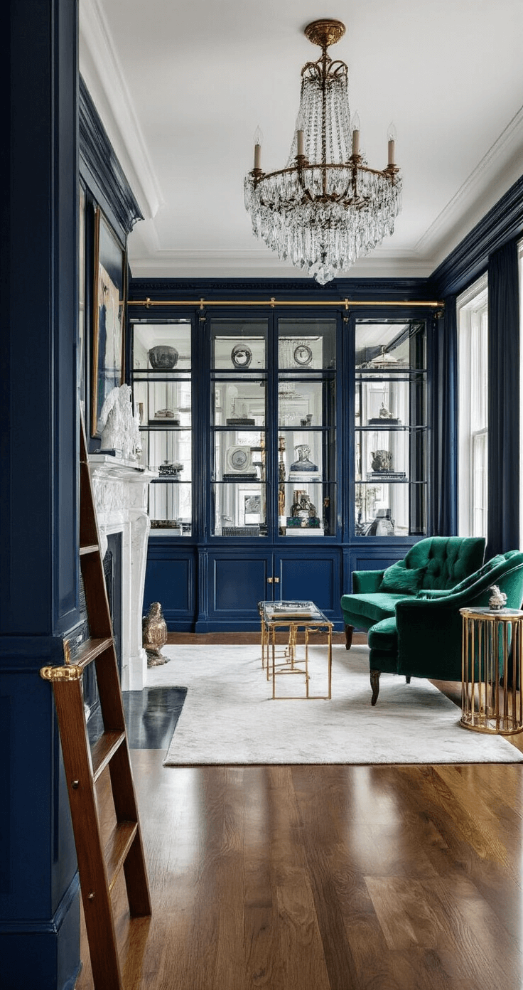 Navy blue Victorian parlor featuring floor-to-ceiling shelving, a brass ladder rail with a walnut ladder, and a crystal chandelier reflected in glass display cases. A white marble fireplace serves as the focal point, complemented by an emerald velvet armchair and a brass side table in a cozy reading nook, all captured from a doorway perspective with soft box lighting accentuating the rich colors.