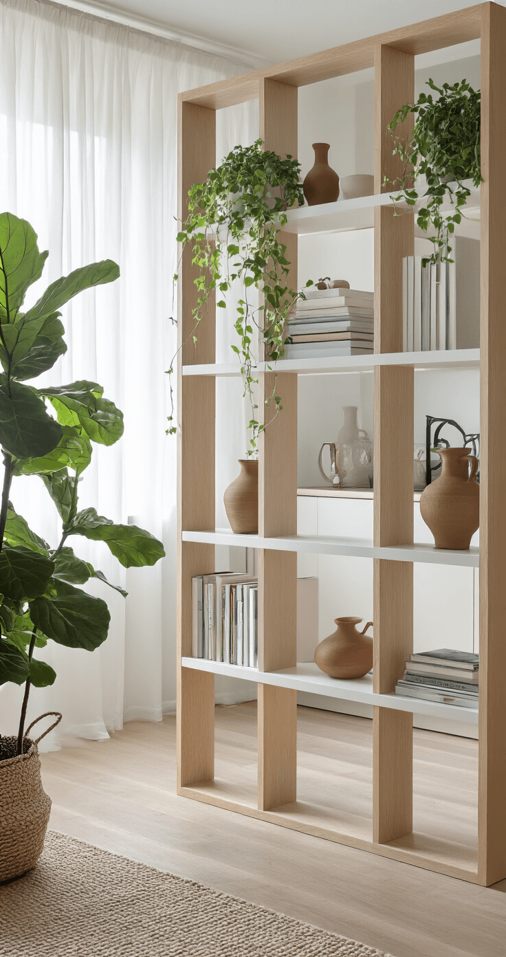 Scandinavian-inspired open shelving room divider in a loft, featuring white oak frames and matte white shelves, bathed in morning light with sheer curtains. Fiddle leaf fig trees and mixed media decor, including books and pottery, enhance the serene atmosphere.