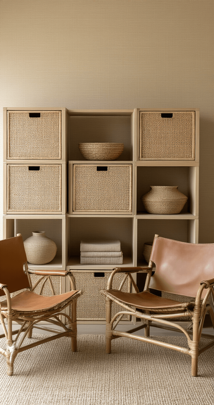 A modular cube storage system in warm neutrals against textured sand-toned grasscloth wallpaper, featuring rattan, brass, and walnut materials. Vintage leather safari chairs offer seating, while handwoven baskets and ceramic vessels provide organic accents. Shot with a telephoto lens in soft afternoon light, the scene conveys an earthy, collected aesthetic with modern organization.
