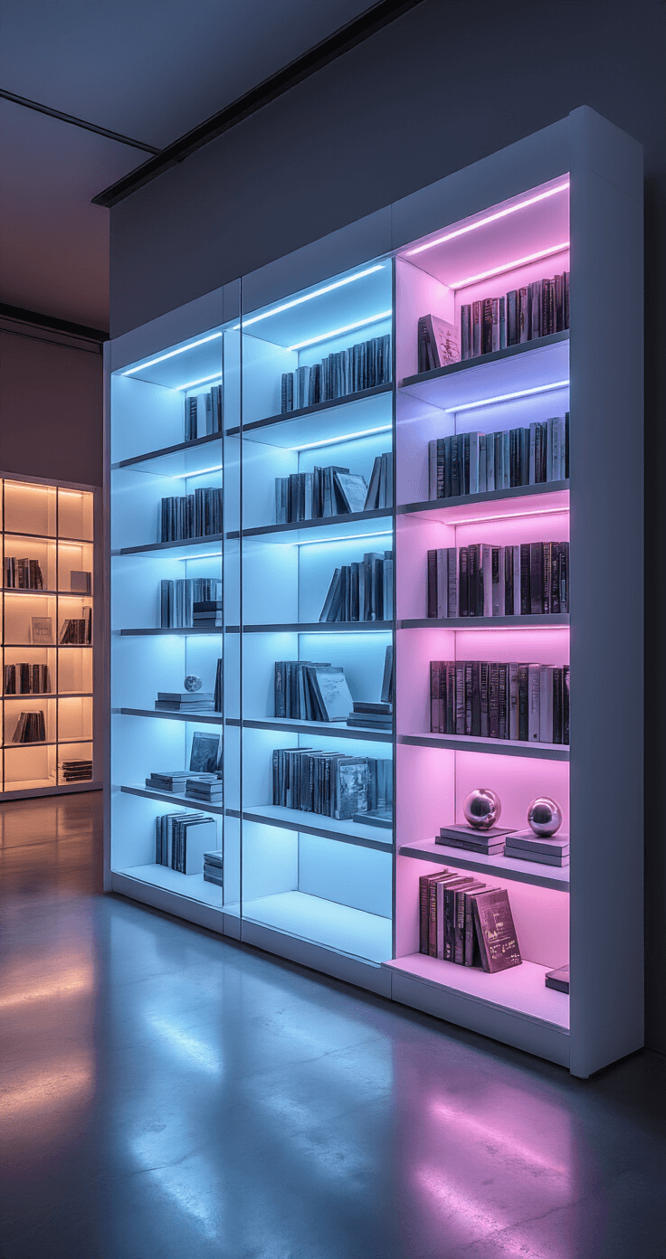 A modern high-tech shelving unit with voice-controlled ambient lighting, featuring glossy white surfaces, hidden LED strips in various colors, and polished concrete floors that reflect colorful lights, showcasing minimal styling with white books and metallic objects, automated glass panels protecting rare editions, captured at night to highlight the vibrant lighting effects in a gallery-like atmosphere.