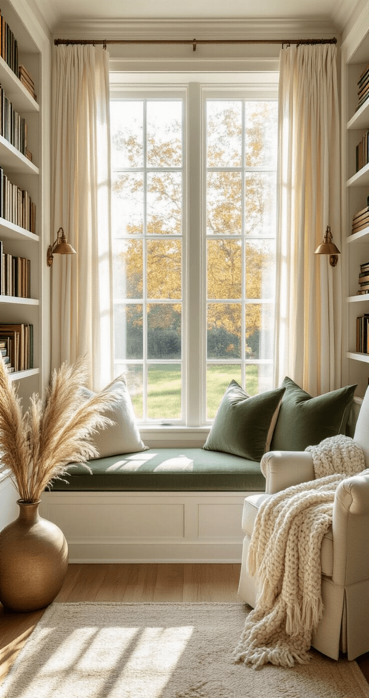 A serene reading nook in a sunlit bay window with a sage green velvet window seat, surrounded by floor-to-ceiling white shelving filled with color-coordinated books and vintage brass bookends. Soft natural light filters through sheer linen curtains, highlighting a cream bouclé armchair with an ivory chunky knit throw and a ceramic vase of dried pampas grass, all set against weathered oak flooring and accented by brass sconces.