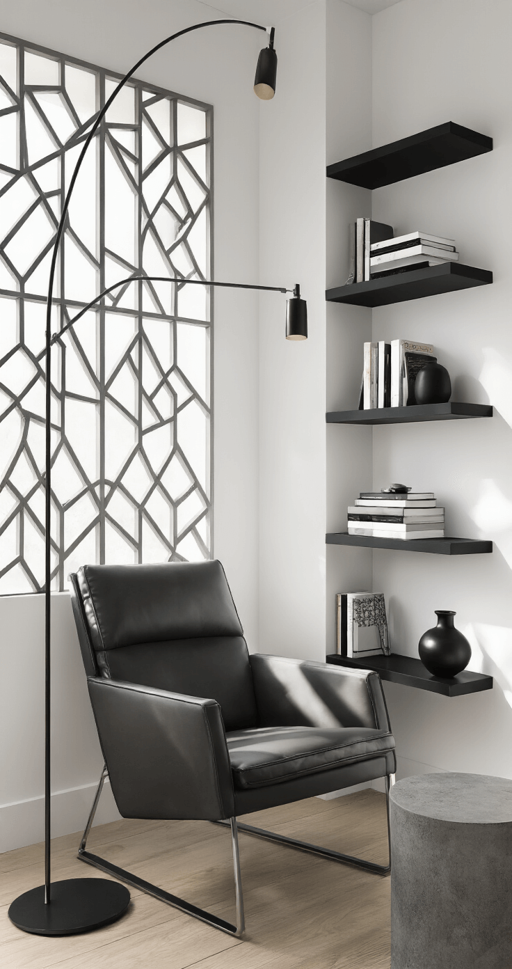 Modern minimalist reading corner featuring matte black floating shelves, a low-profile charcoal leather reading chair, and a concrete side table. Geometric window panels filter morning light, highlighting books arranged with negative space. Chrome floor lamp arcs overhead, contributing to the sophisticated urban simplicity of the scene.