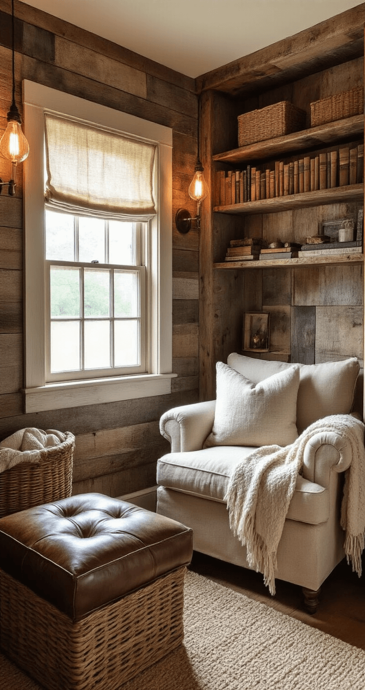 Cozy farmhouse library nook in a converted closet with reclaimed barn wood shelves, a vintage ladder rail, and afternoon light filtering through a small window, featuring a plush beige linen armchair, a distressed leather ottoman, woven baskets, and antique brass objects among books, accented by a textured cream throw and quilted cushions, evoking rustic comfort and nostalgic warmth.