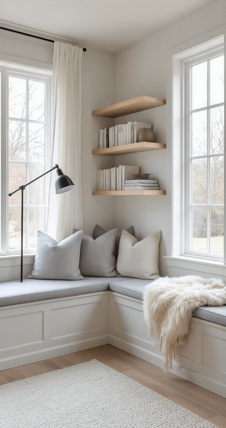 A cozy Scandinavian-inspired reading nook featuring a pale gray built-in bench with light gray wool cushions and sheepskin throws, surrounded by blonde wood floating shelves and white-washed walls. Morning light streams through floor-length windows adorned with white sheer curtains. A minimalist black metal floor lamp stands nearby. Organized books with white spines are displayed neatly, captured in a low-angle shot that emphasizes vertical lines, embodying an airy and simple atmosphere.