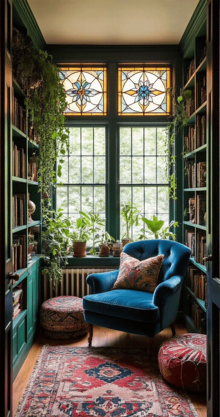 An eclectic bohemian reading nook in a dormer window, featuring vintage shelving in emerald, navy, and gold, a velvet peacock blue chair, and kilim poufs. Sunlight filters through a stained glass window, illuminating mixed metallic accessories, trailing plants, and global artifacts, while crystal prisms catch the light. The image is taken from the doorway, showcasing layered maximalist styling.