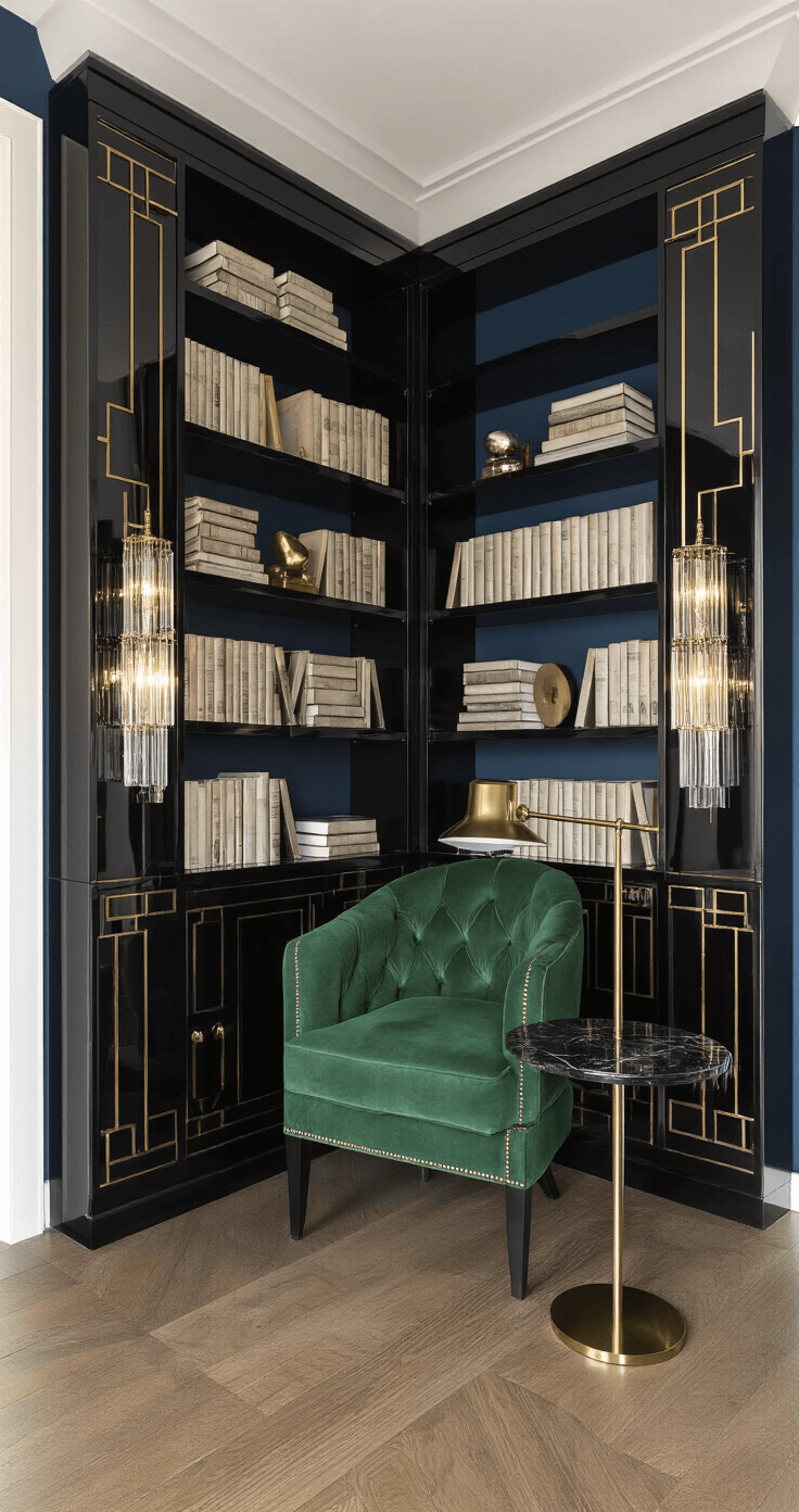 Art Deco corner library featuring high-gloss black shelving with gold inlays, a midnight blue accent wall, crystal sconces, and an emerald velvet chair with a black marble side table, all arranged dramatically in a 12x15ft space to emphasize luxury and height.