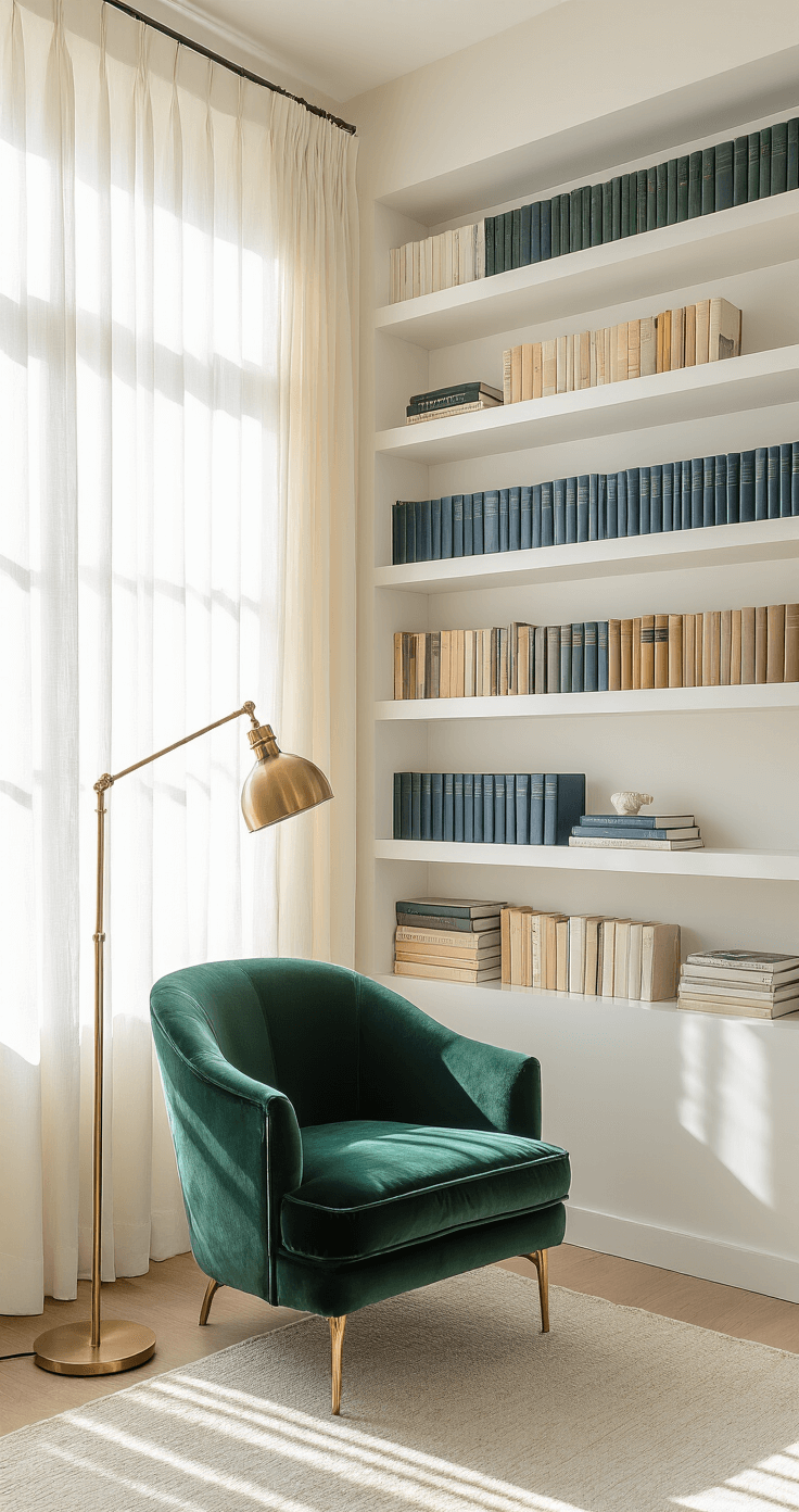 A cozy reading nook featuring floor-to-ceiling white floating shelves filled with books in ombré colors, a plush deep emerald velvet chair angled towards a brass floor lamp, and soft afternoon light filtering through sheer linen curtains, all presented in a modern minimalist style with vintage brass accents.