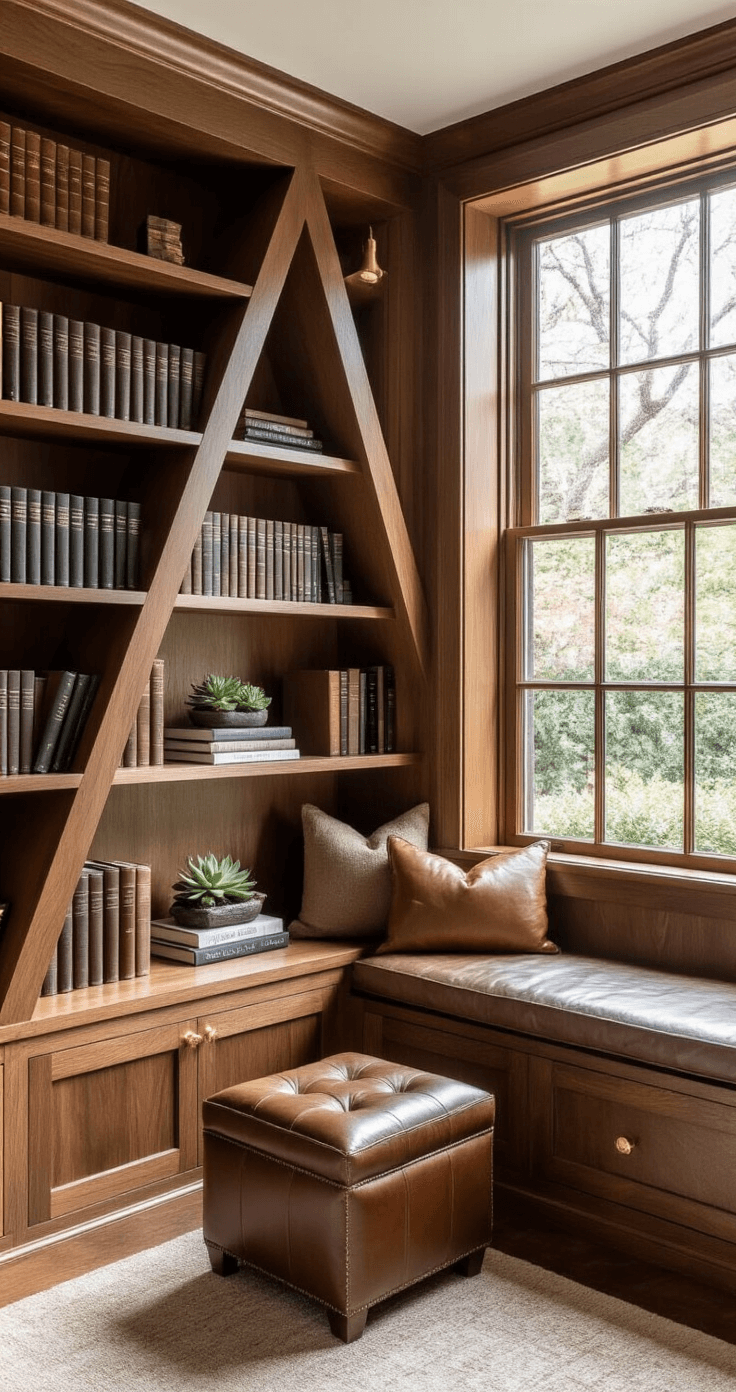 An intimate corner library transformation featuring custom triangular walnut shelving, a compact leather ottoman, leather-bound books, art books, and potted succulents, all illuminated by morning light with moody accents.