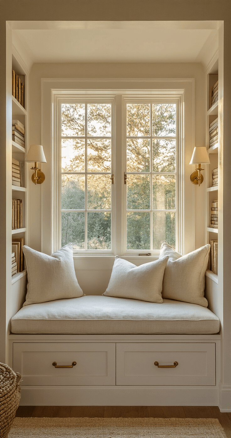 Cozy 6x8ft window nook with built-in shelving, cushioned window seat in cream linen, brass reading sconces, books in neutral tones, vintage collections, golden hour light, symmetrical framing, transitional style with coastal influences.