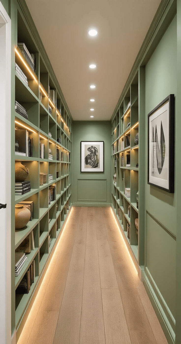 A narrow hallway featuring floor-to-ceiling sage green shelving with integrated LED strips, showcasing a gallery of mixed media including books, ceramics, and framed prints, all enhanced by warm evening lighting that creates an inviting atmosphere, photographed from one end to highlight the tunnel-like perspective.