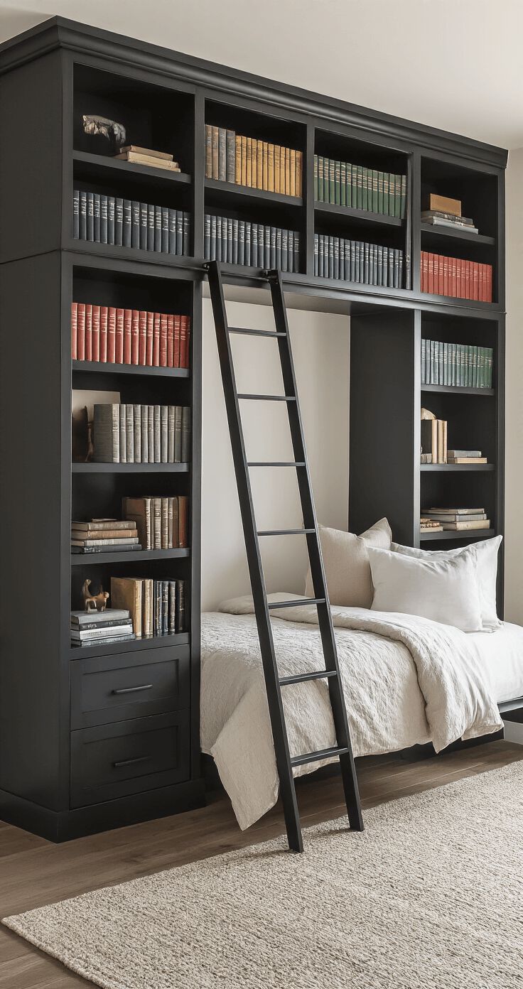 A cozy 8x10ft bedroom showcases a matte black over-door library system filled with color-coded jewel-toned books, illuminated by soft morning light. A coordinating ladder leans against the shelves, captured from a low angle to accentuate the space's height and modern industrial style.